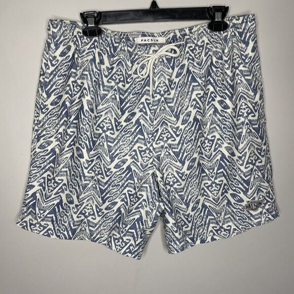 PACSUN Swim Shorts Mens Large Blue Print Mesh Lined Trunks Pockets Drawstring - Picture 1 of 11